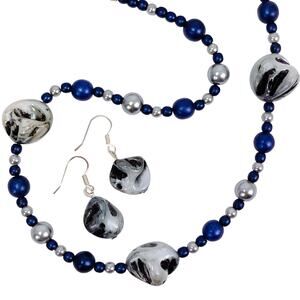 Marbled Art Glass Necklace Earrings Set Navy Silver Tone Matching Beaded Jewelry